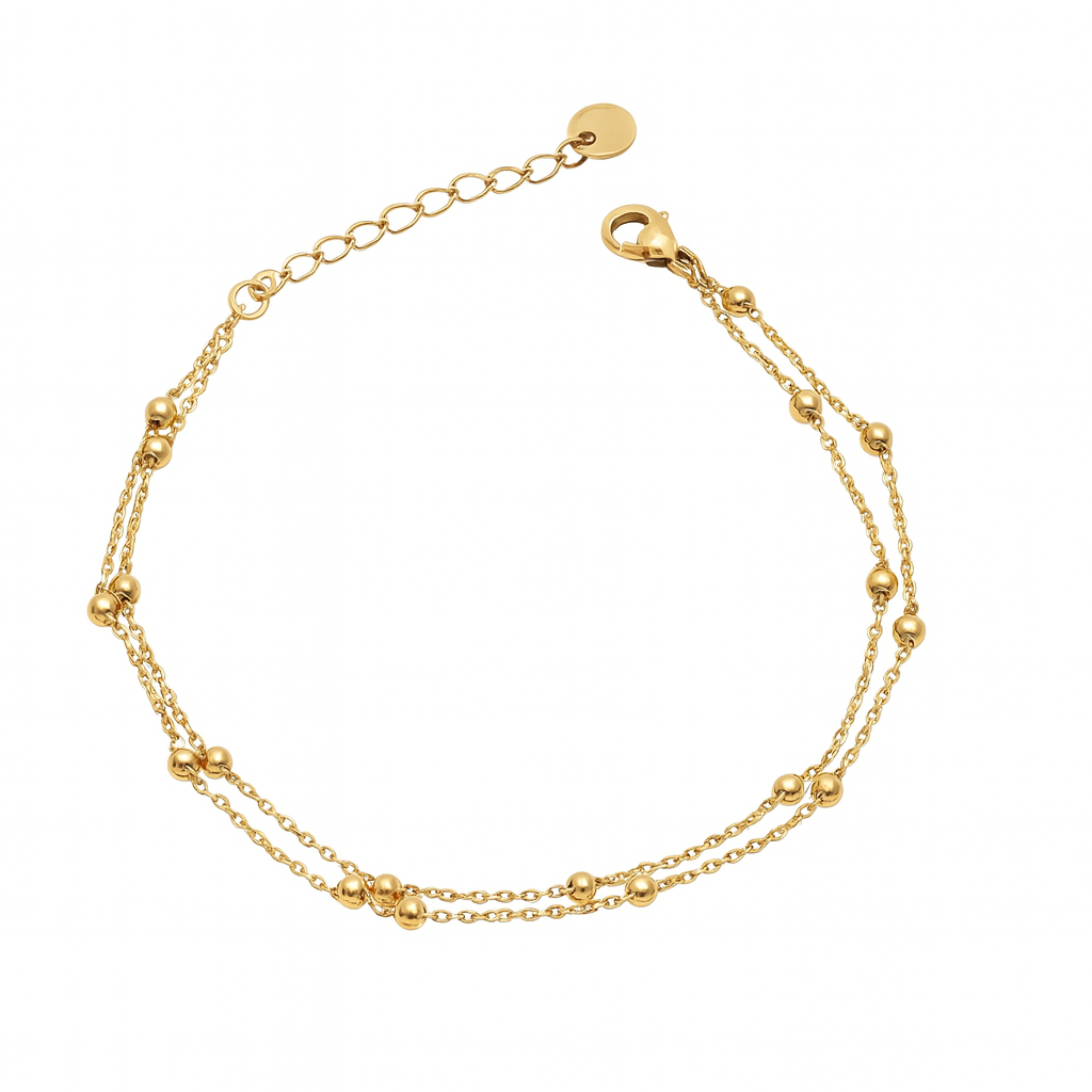 Double Chain Beaded Anklet – Stainless Steel, Adjustable 21+5 cm
