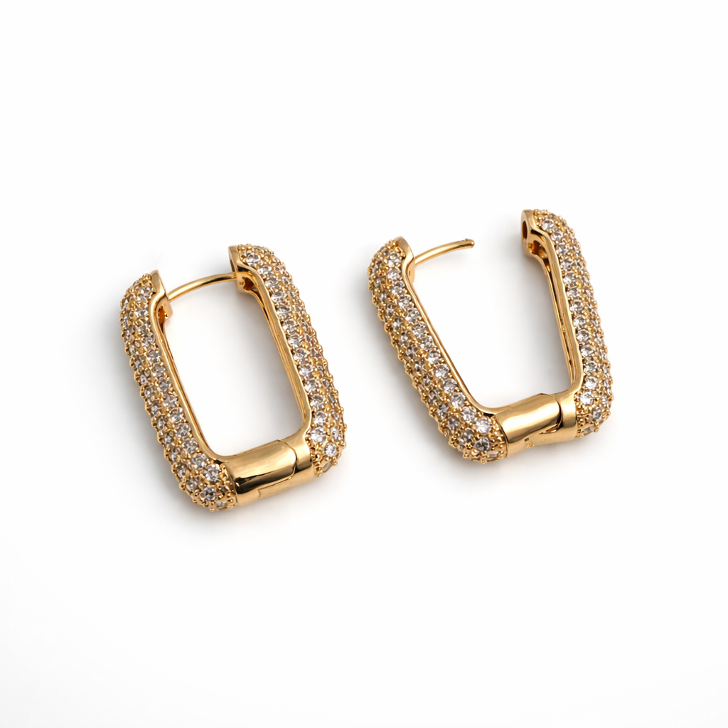Geometric rectangular hoop earrings with cubic zirconia stones gold plated and silver tone statement earrings
