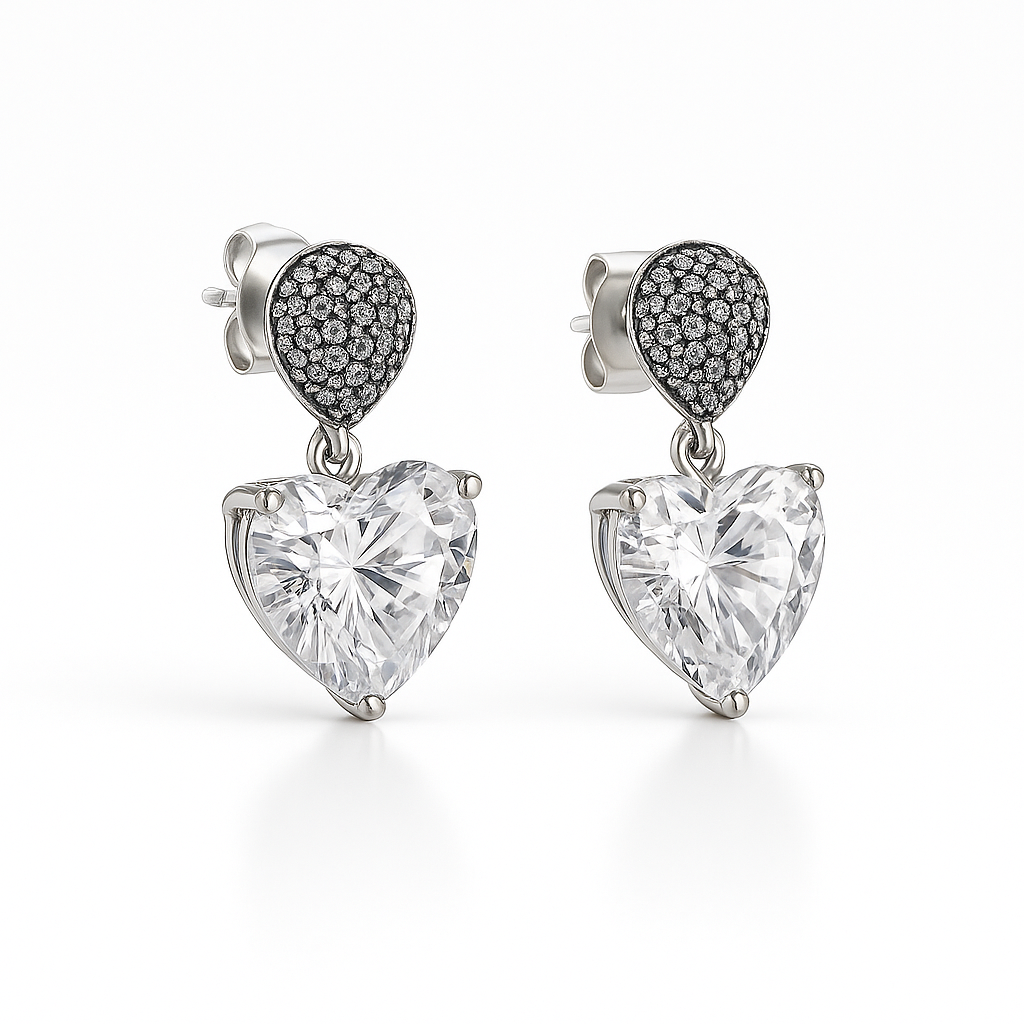 Heart Drop Stud Earrings with White Gold Plating & Cubic Zirconia