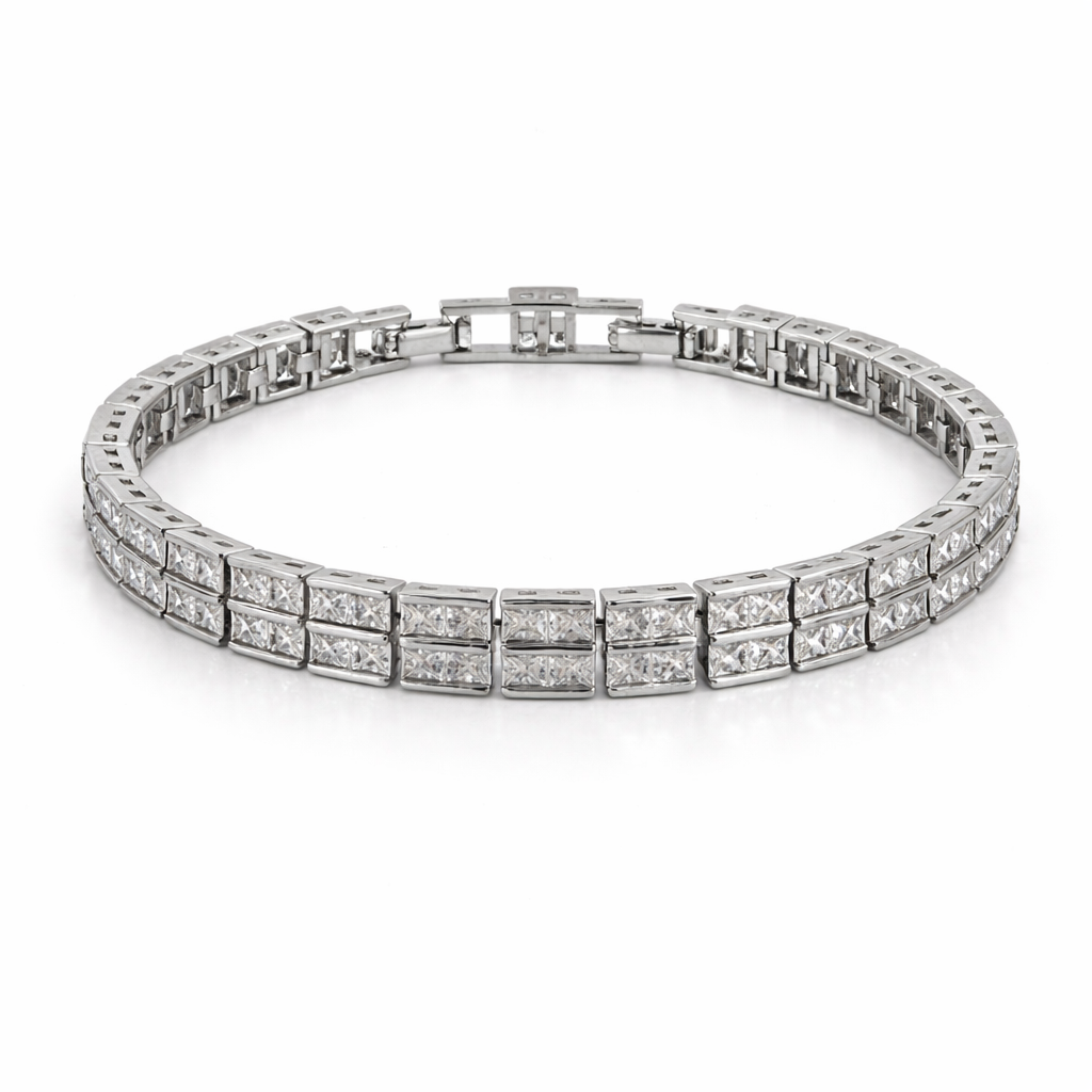 Double Row CZ Bracelet White Or Gold Plated – Tennis Style Bracelet for Women
