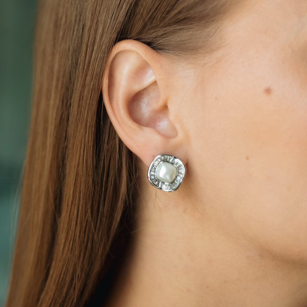 Rhodium Plated Pearl & CZ Stud Earrings – 1.5 cm Square Design by Sedy Jewelry