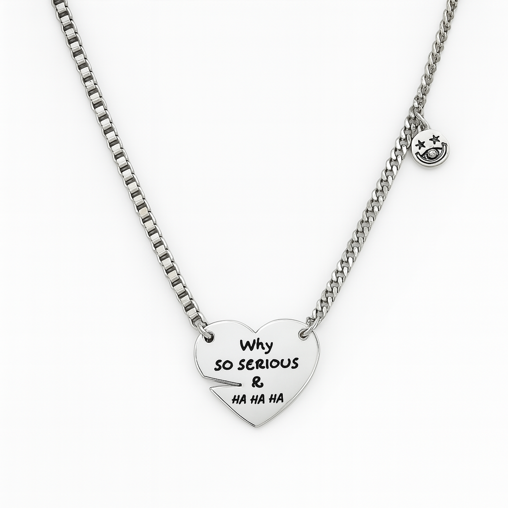 White Gold Plated Heart Necklace – Why So Serious Pendant Necklace 40+5 cm
