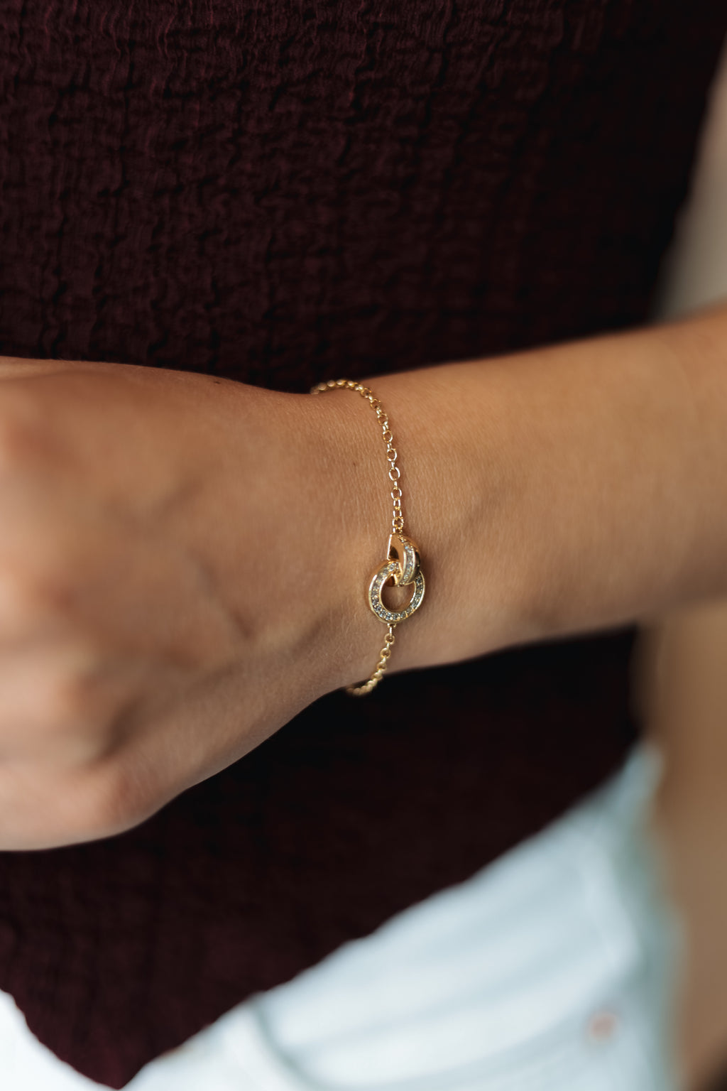 Sedy Jewelry Gold Plated Double Circle Bracelet with CZ Stones, Adjustable 16+5 cm