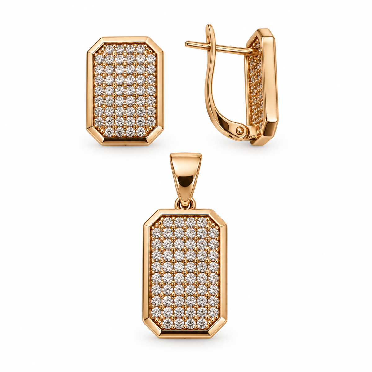 Rose Gold Plated Rectangular CZ Jewelry Set – Leverback Earrings & Pendant