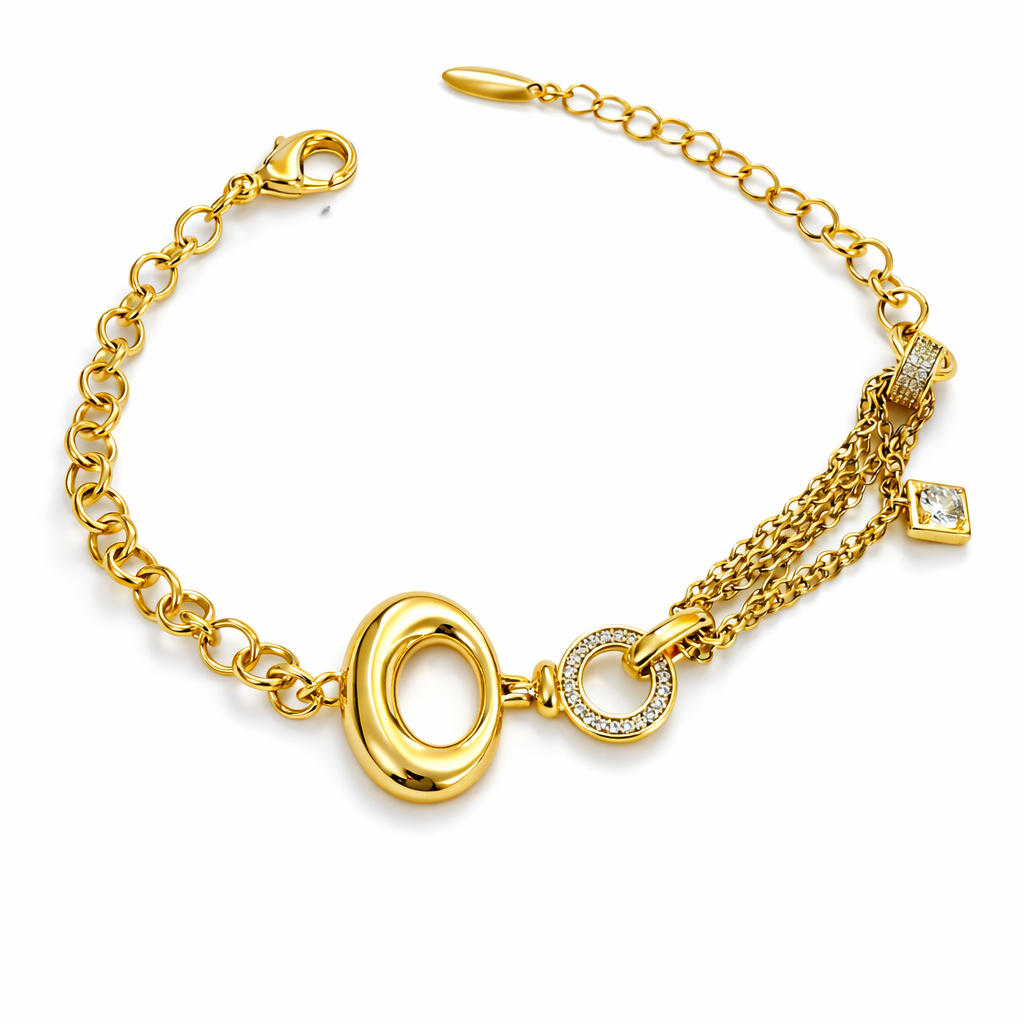 Gold Plated Chain Bracelet with Oval Charm, Adjustable 18+3 cm