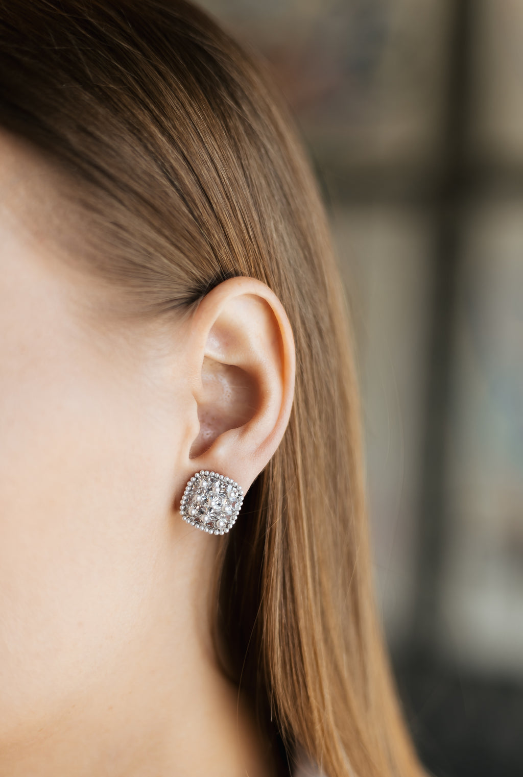 Rhodium Plated Clip-On Earrings with Pearls & CZ – 1.5 cm Square