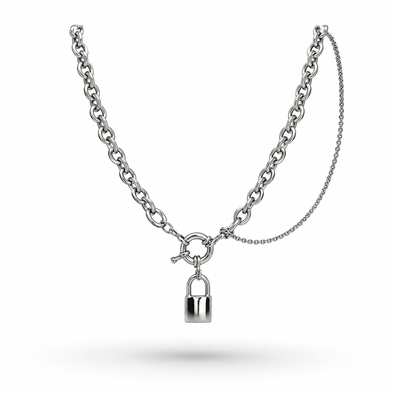 White Gold Plated Lock Pendant Chain Necklace – Hypoallergenic Chunky Link Necklace 45 cm / 17.7”