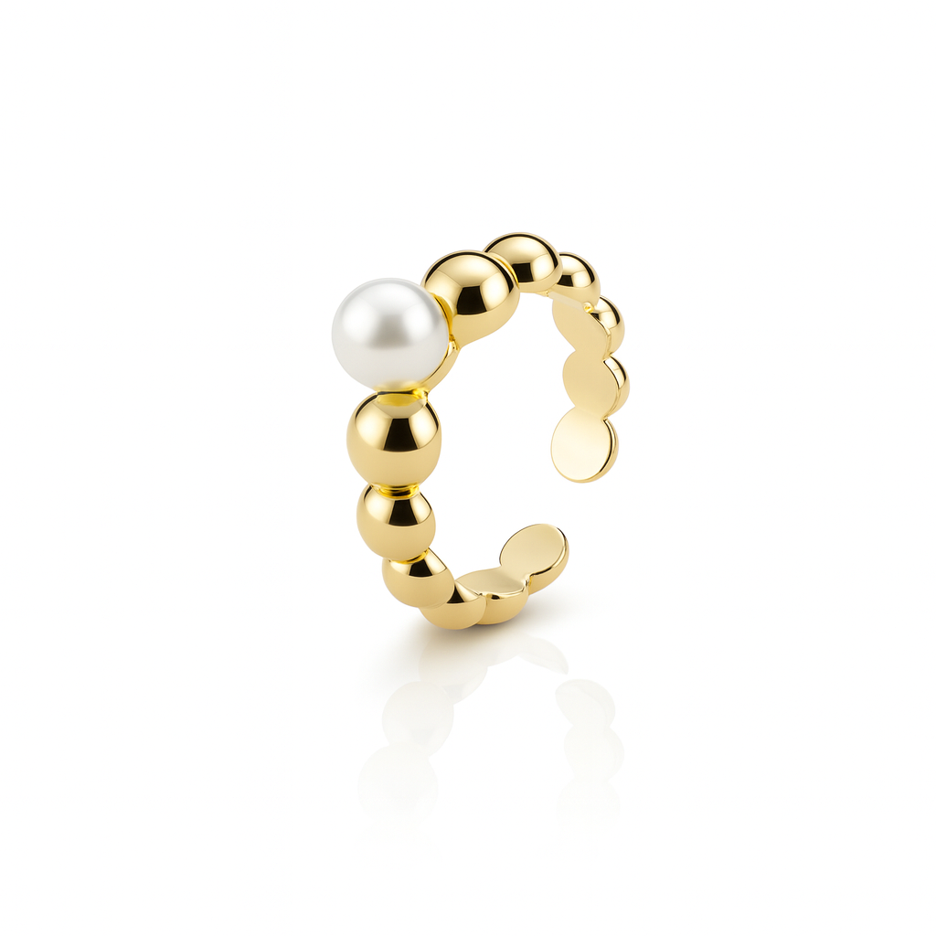 Gold Plated Beaded Ring with Imitation Pearl – Adjustable Size 6/7