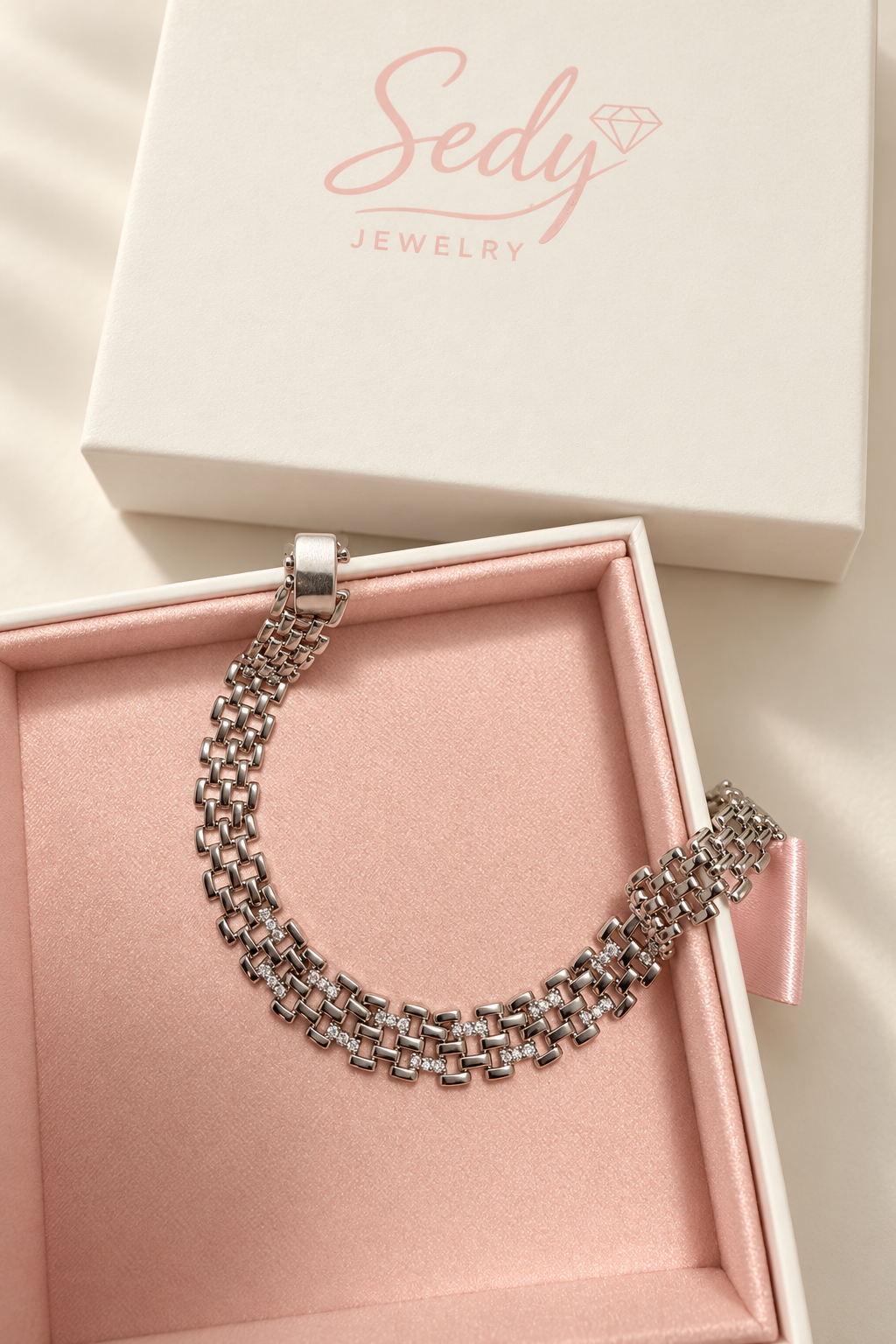 Woven Link CZ Bracelet – White Gold Plated Brass, 9 mm