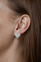 Rhodium Plated Heart-Shaped Stud Earrings with CZ Stones