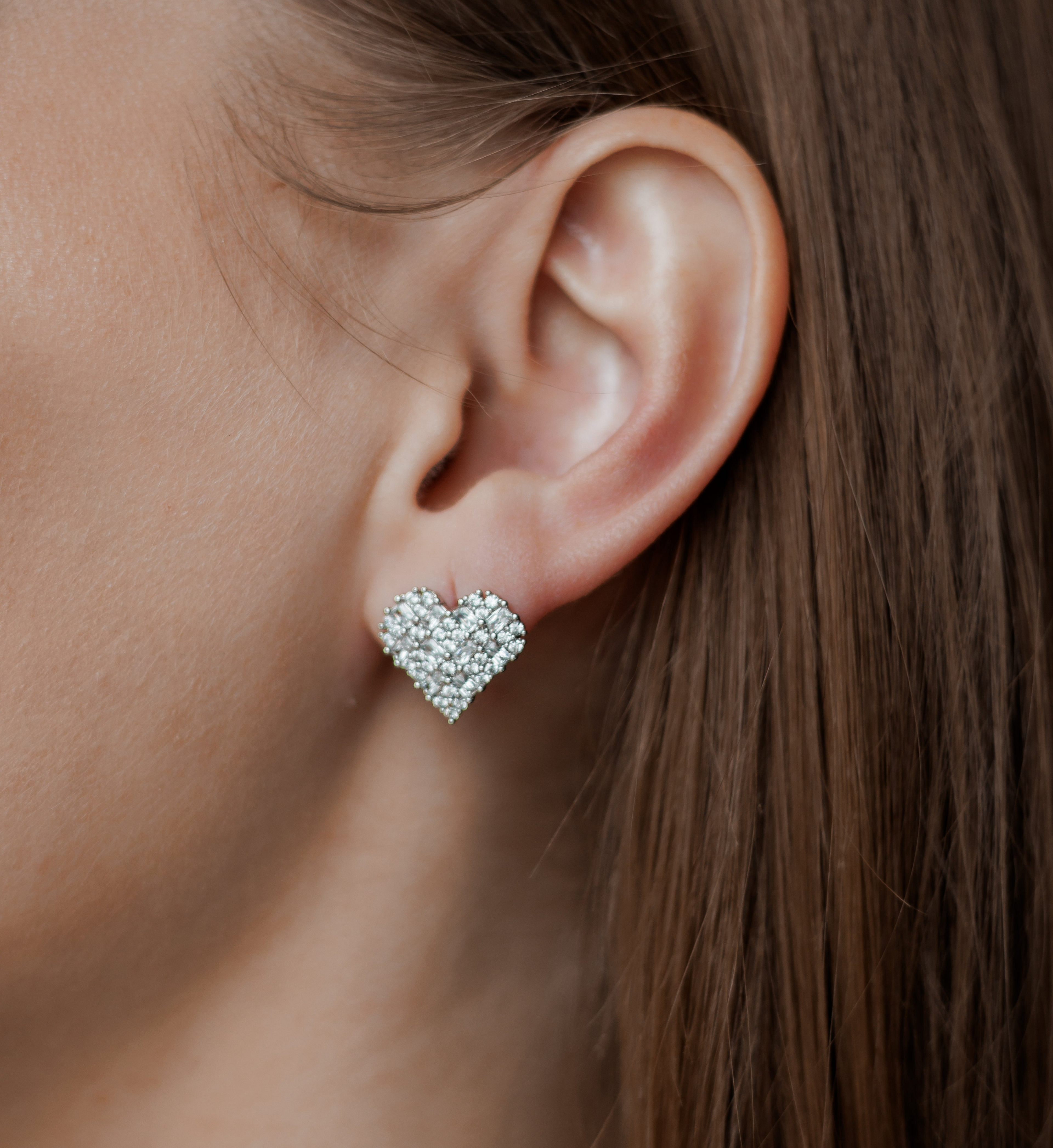 Rhodium Plated Heart-Shaped Stud Earrings with CZ Stones