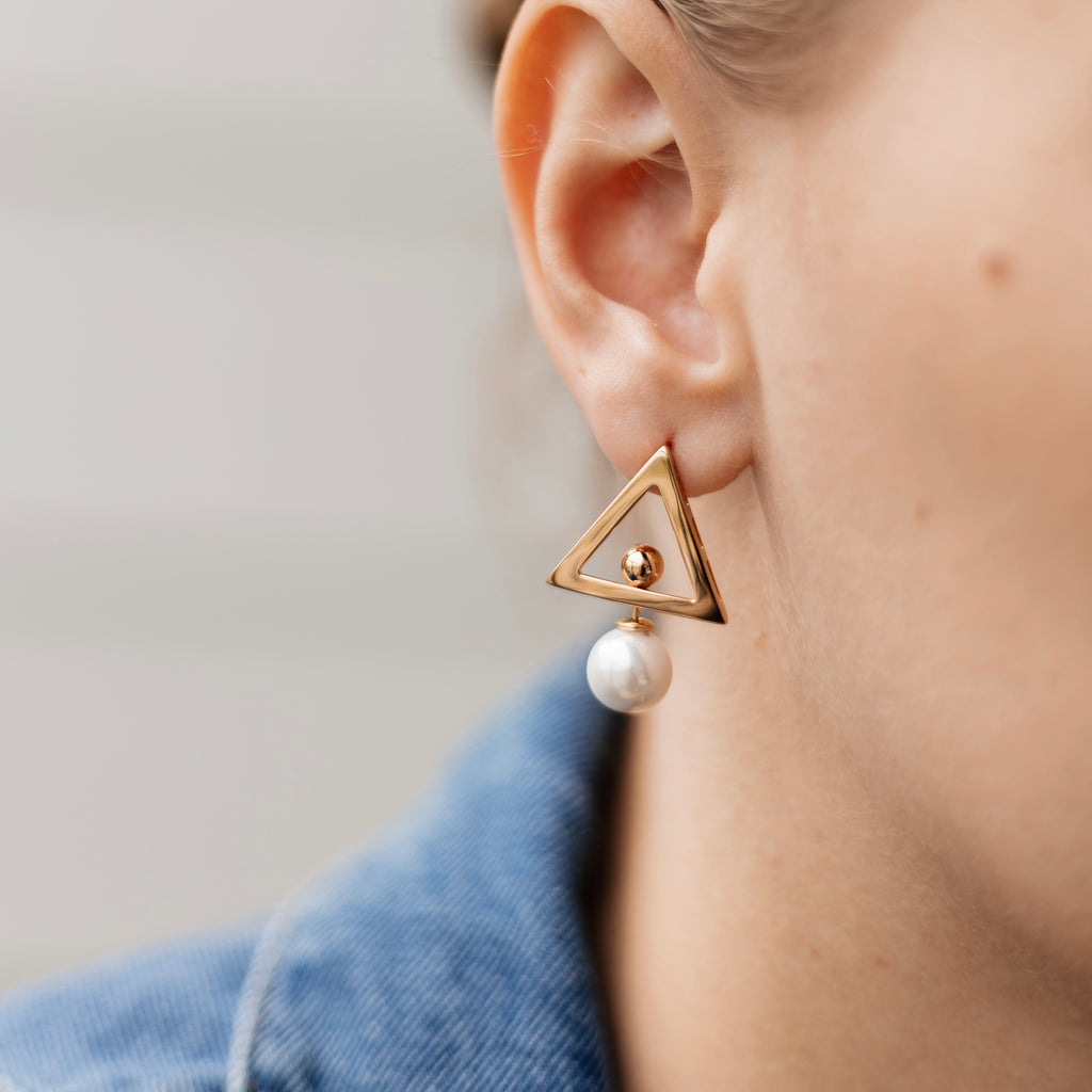 Rose Gold Plated Geometric Stud Earrings with Pearl, 3 cm