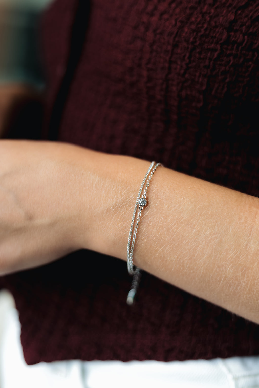 Double Chain CZ Bracelet – Rhodium Plated, Adjustable 16+3 cm