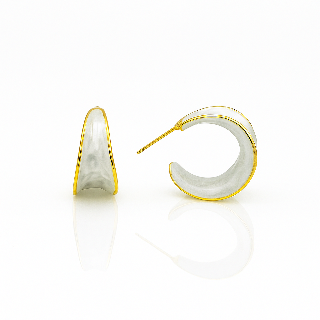 Gold Plated Hoop Earrings with White Enamel, 2 cm