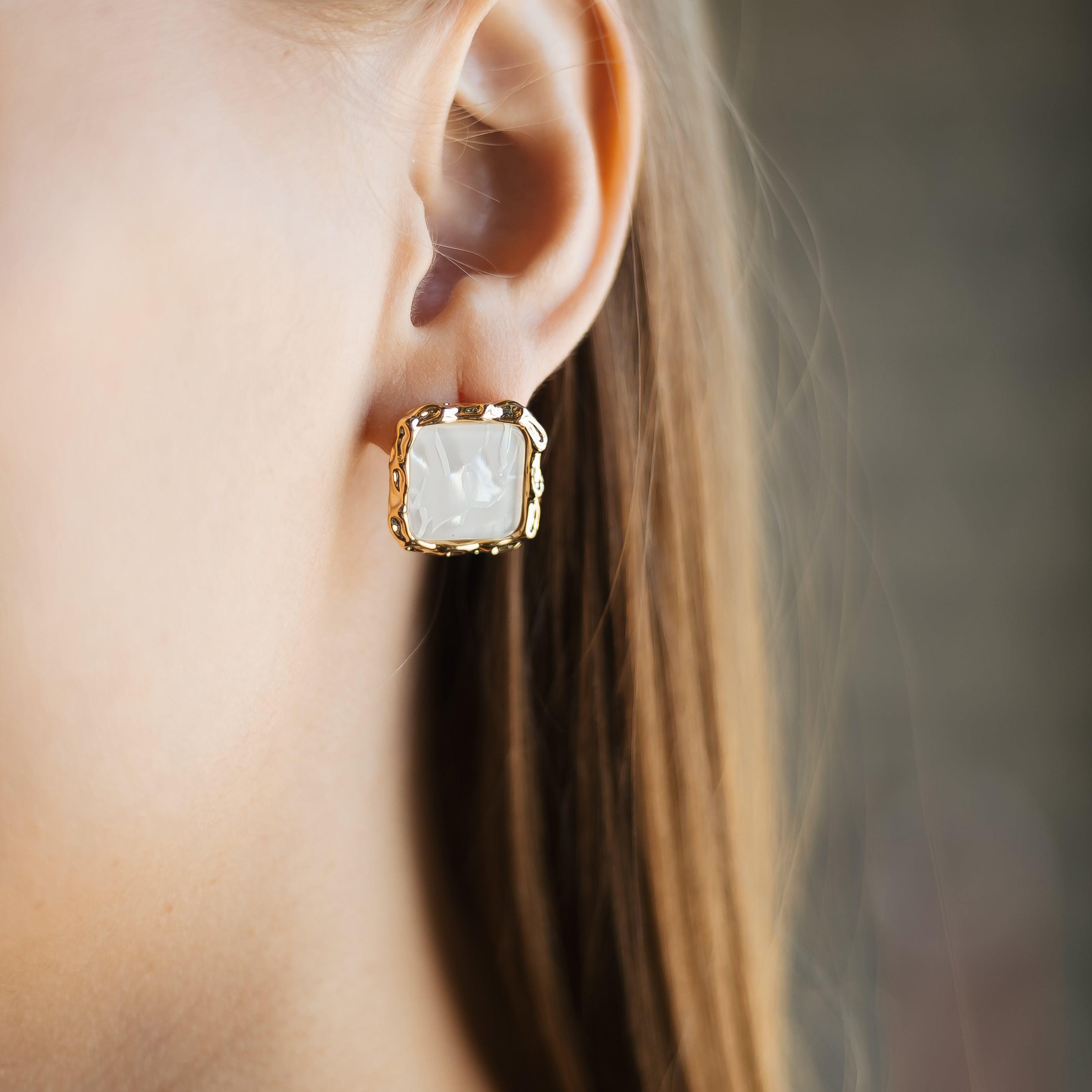 Gold Plated Mother of Pearl Stud Earrings | Square Earrings
