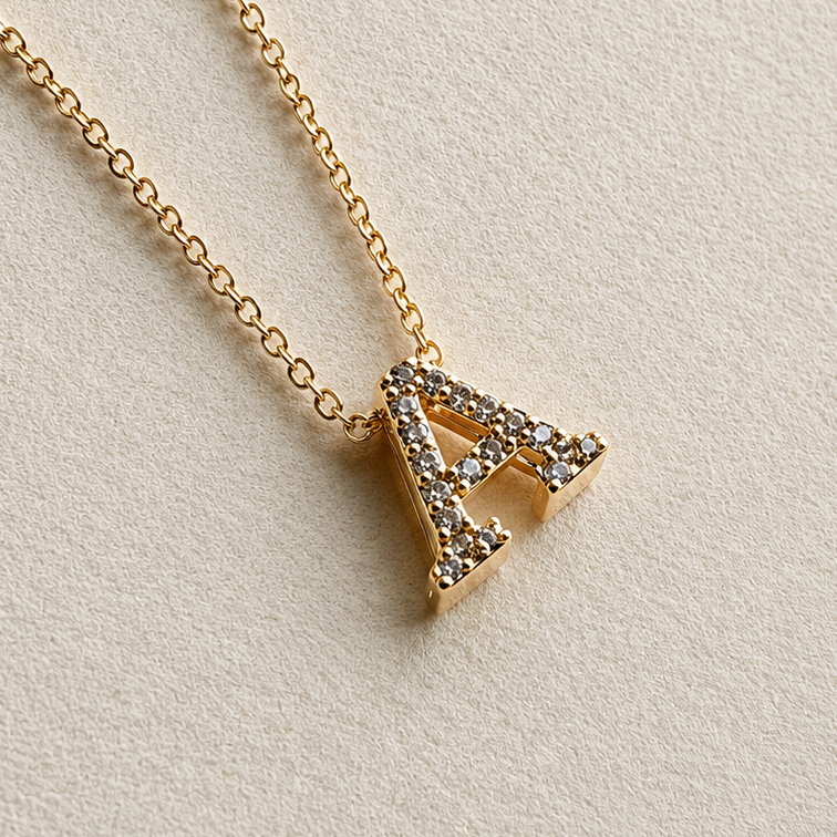 Personalized Initial Letter Necklace in 925 Sterling Silver | Gold Plated CZ Alphabet Pendant | 40+5 cm