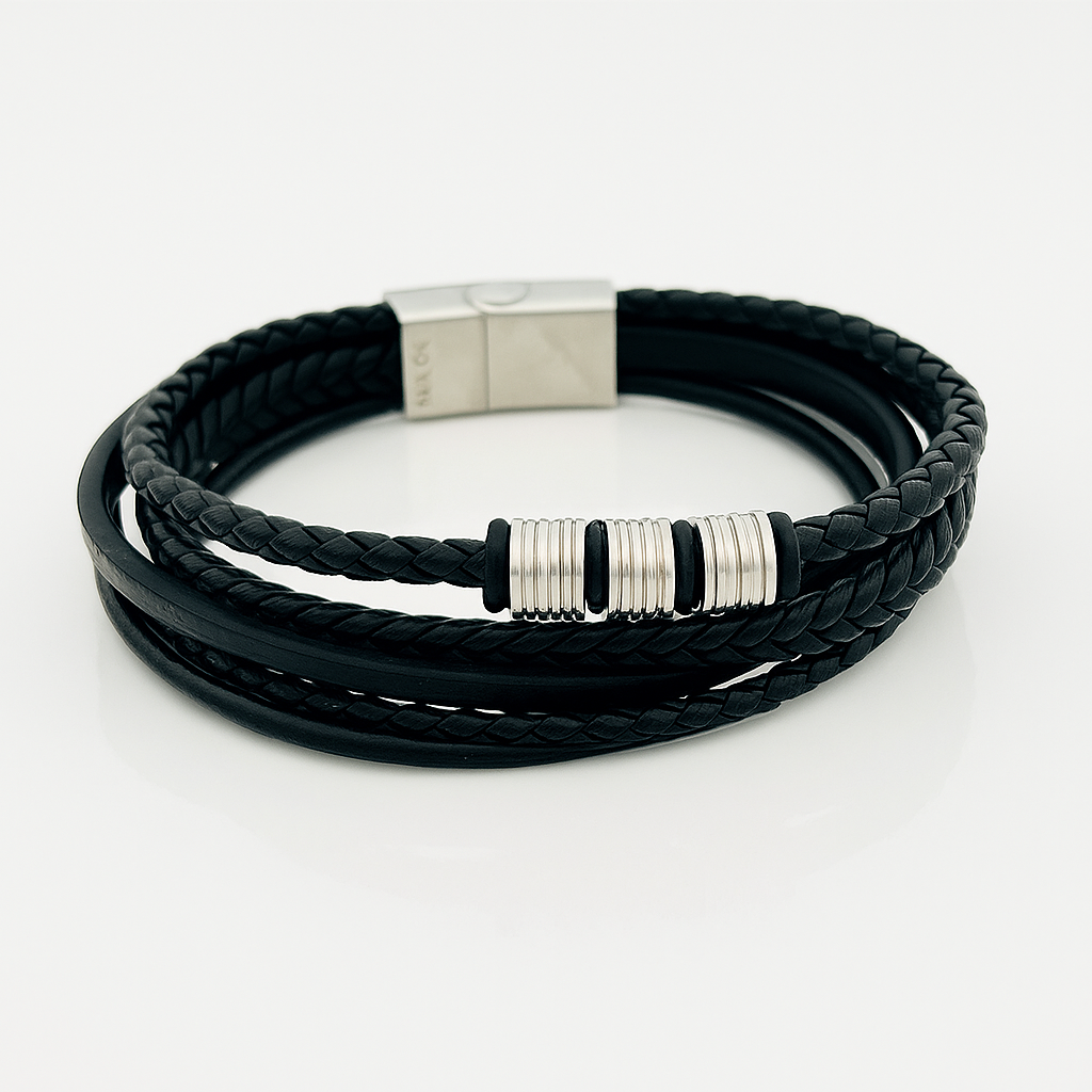 Men’s Leather Bracelet with Gold or Silver Stainless Steel Details