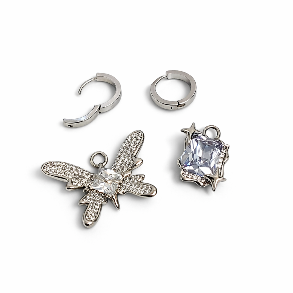 Silver Charm Huggie Hoop Earrings Set