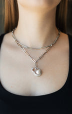 White Gold Plated Layered Pearl Pendant Necklace – Built-In Double Layer Hypoallergenic Necklace 38 cm + 45+5 cm