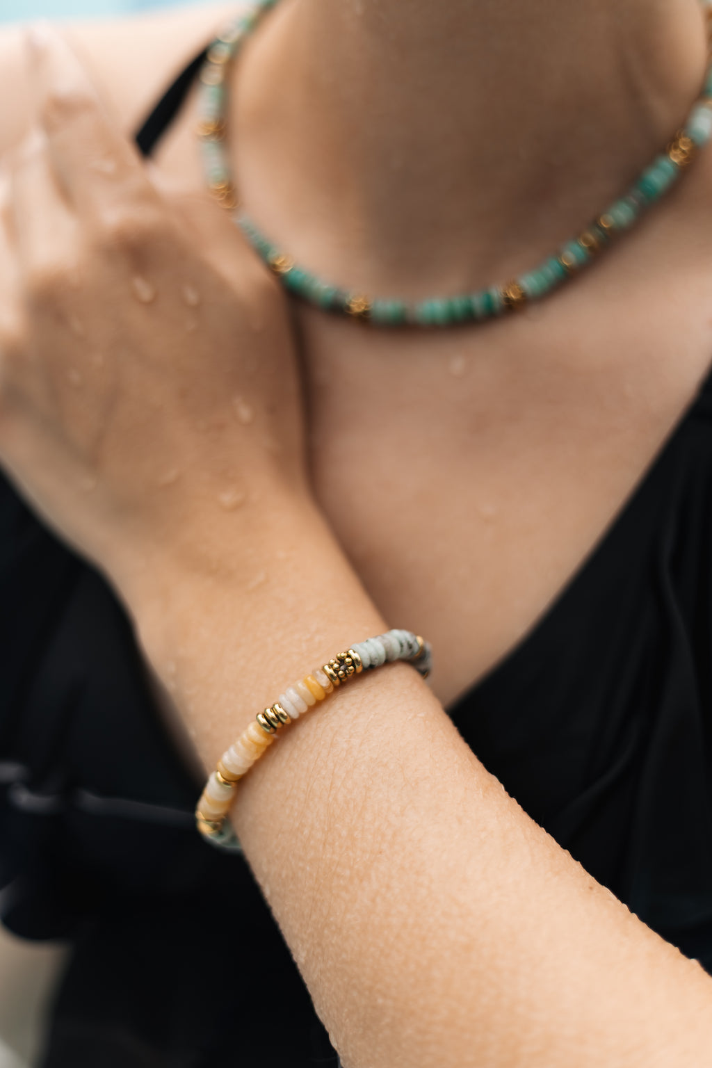 Natural Stone Bracelet with 18K Gold-Plated Stainless Steel Accents