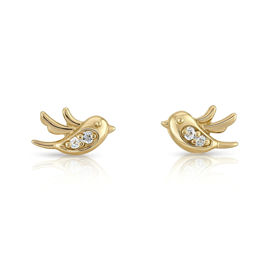 Bird Stud Earrings with Cubic Zirconia – Gold Plated Copper