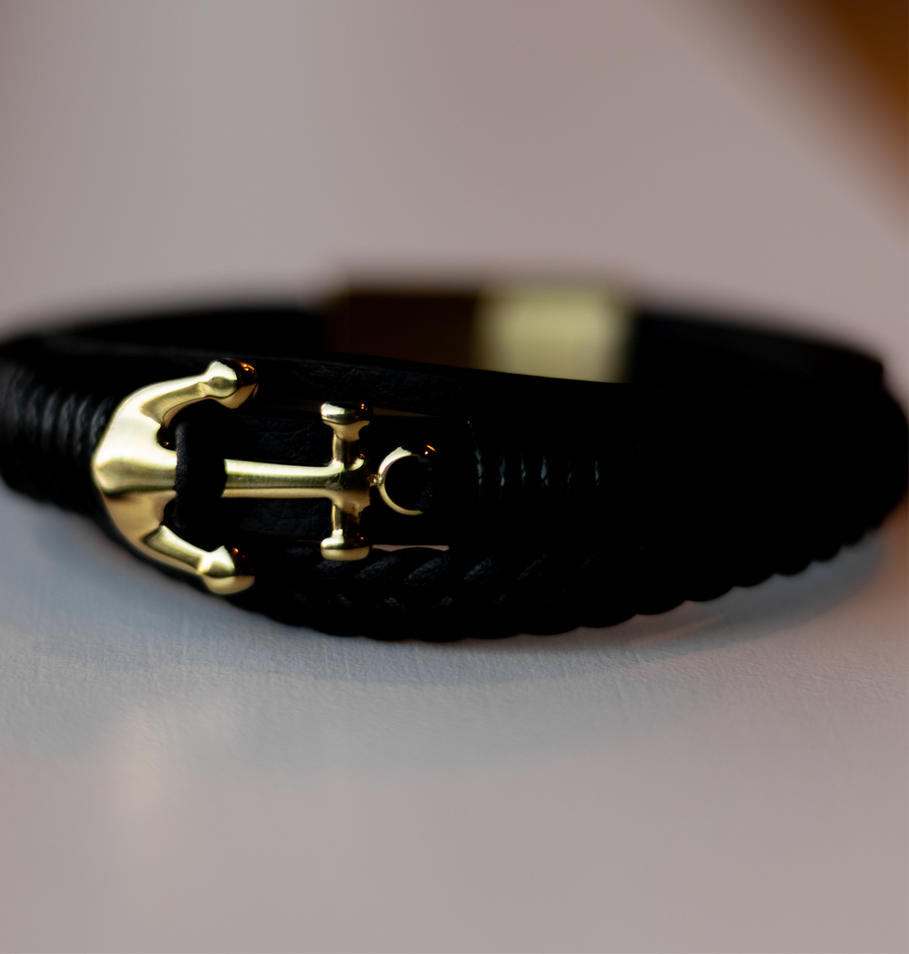 Men’s Leather Bracelet with Gold-Tone Stainless Steel Details