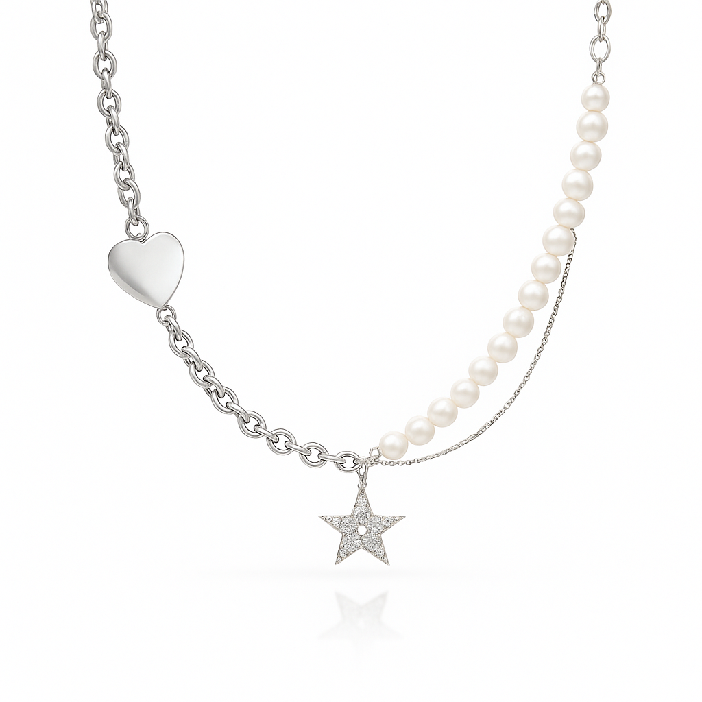 Layered Pearl Necklace with Star Pendant – Rhodium Plated 45+5 cm