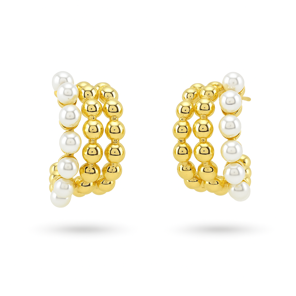 Gold Plated Beaded Hoop Earrings with Synthetic Pearls, 2 cm