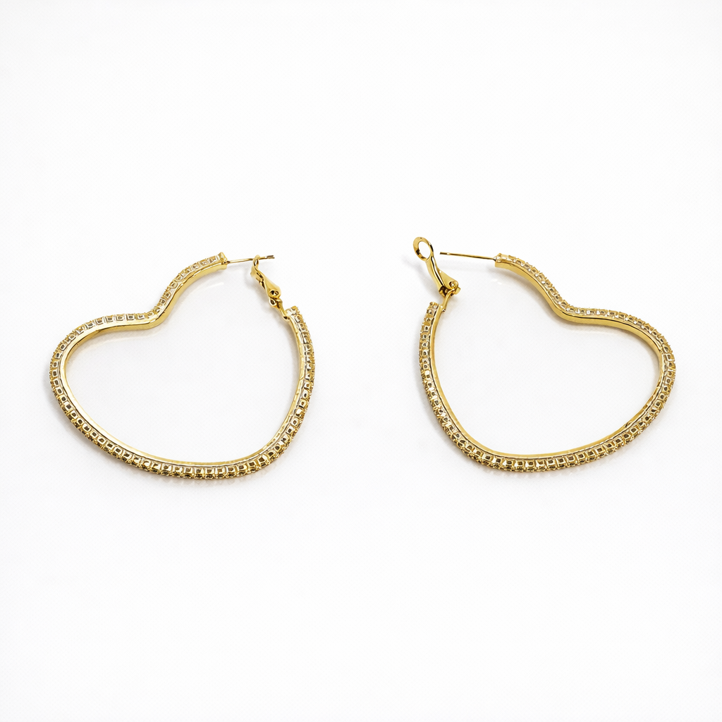 Heart Hoop Earrings with CZ | Gold Plated Hoops 4.5 cm | Sterling Silver Post