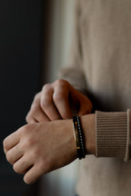 Men’s Black Leather Bracelet with Gold-Tone Stainless Steel Accents, 21 cm