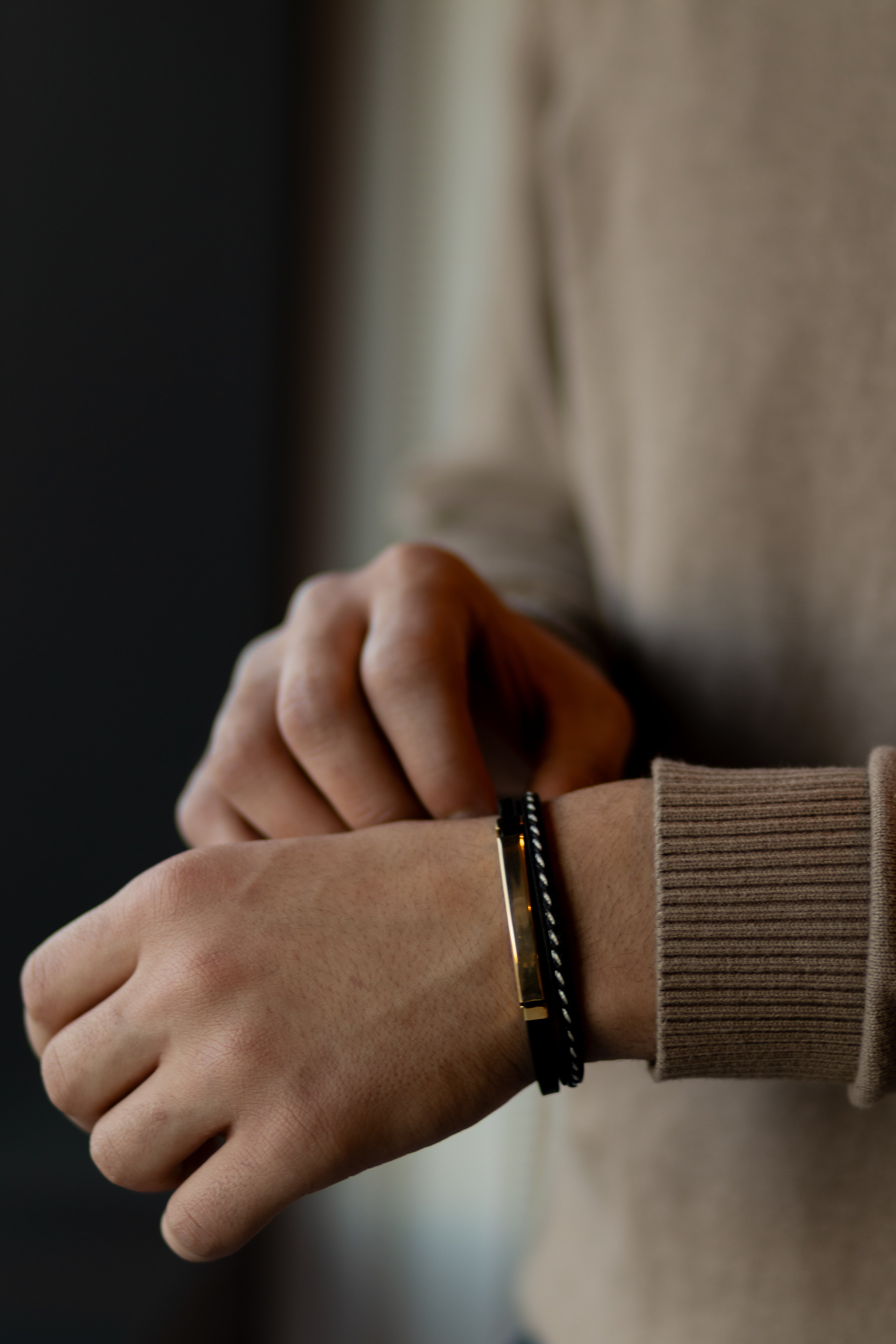 Men’s Black Leather Bracelet with Gold-Tone Stainless Steel Accents, 21 cm