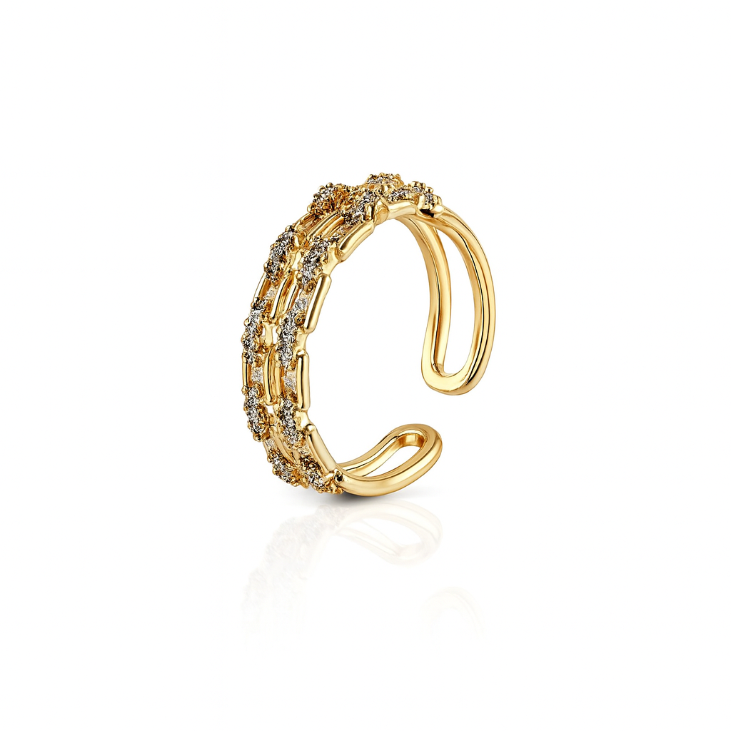 Gold Plated Double Row Ring with Cubic Zirconia – Adjustable 6-7