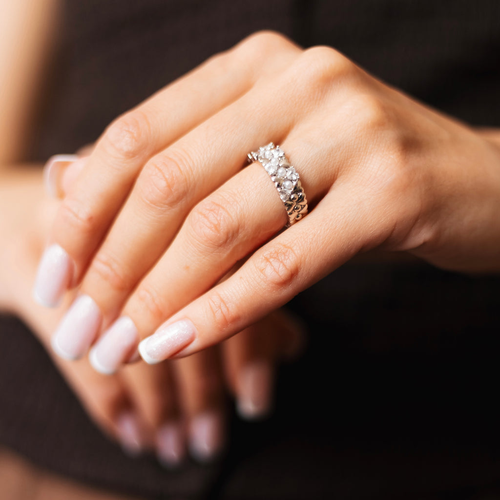 Wide Band Ring with CZ Stones, Size 7 | Rhodium Plated