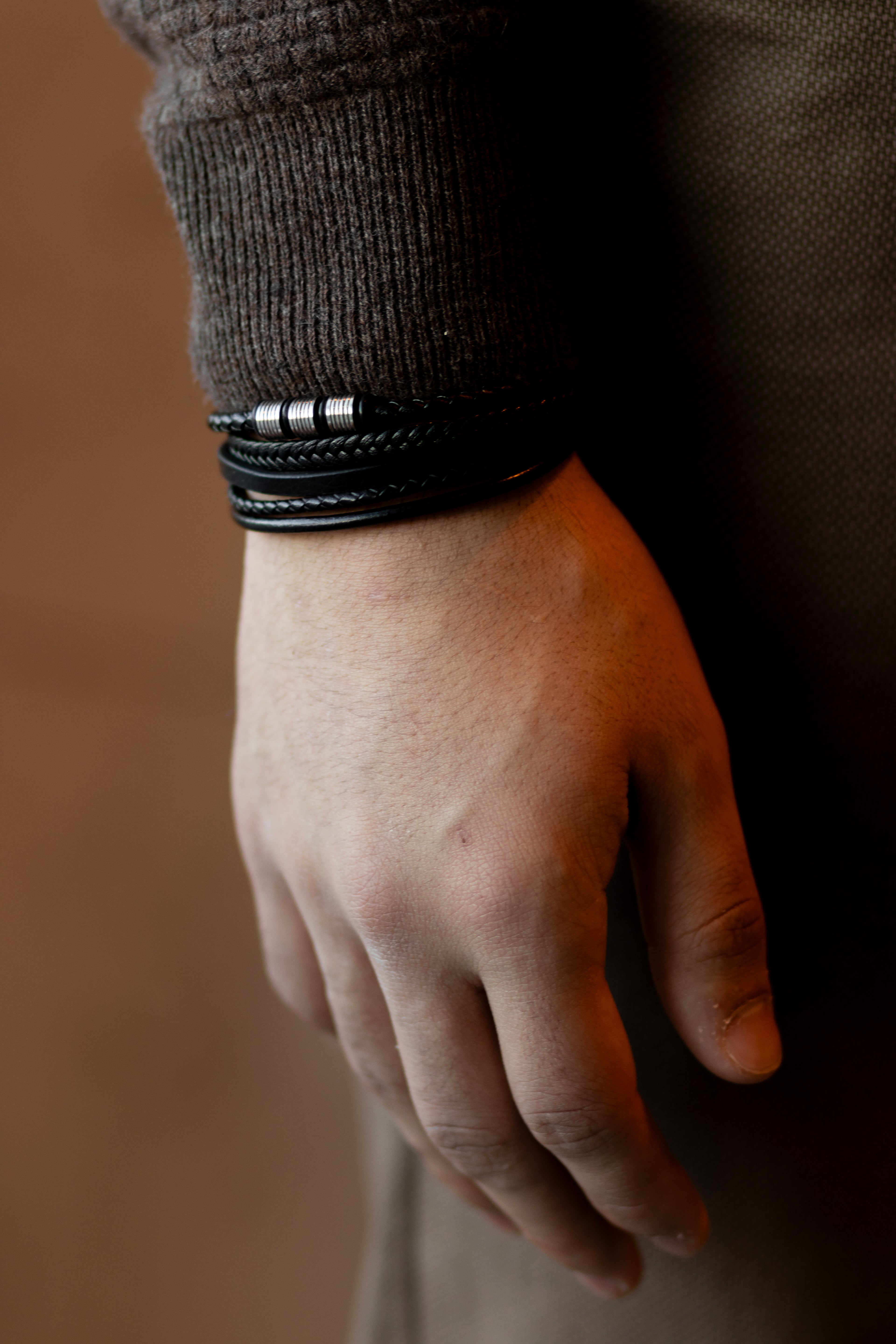 Men’s Leather Bracelet with Gold or Silver Stainless Steel Details