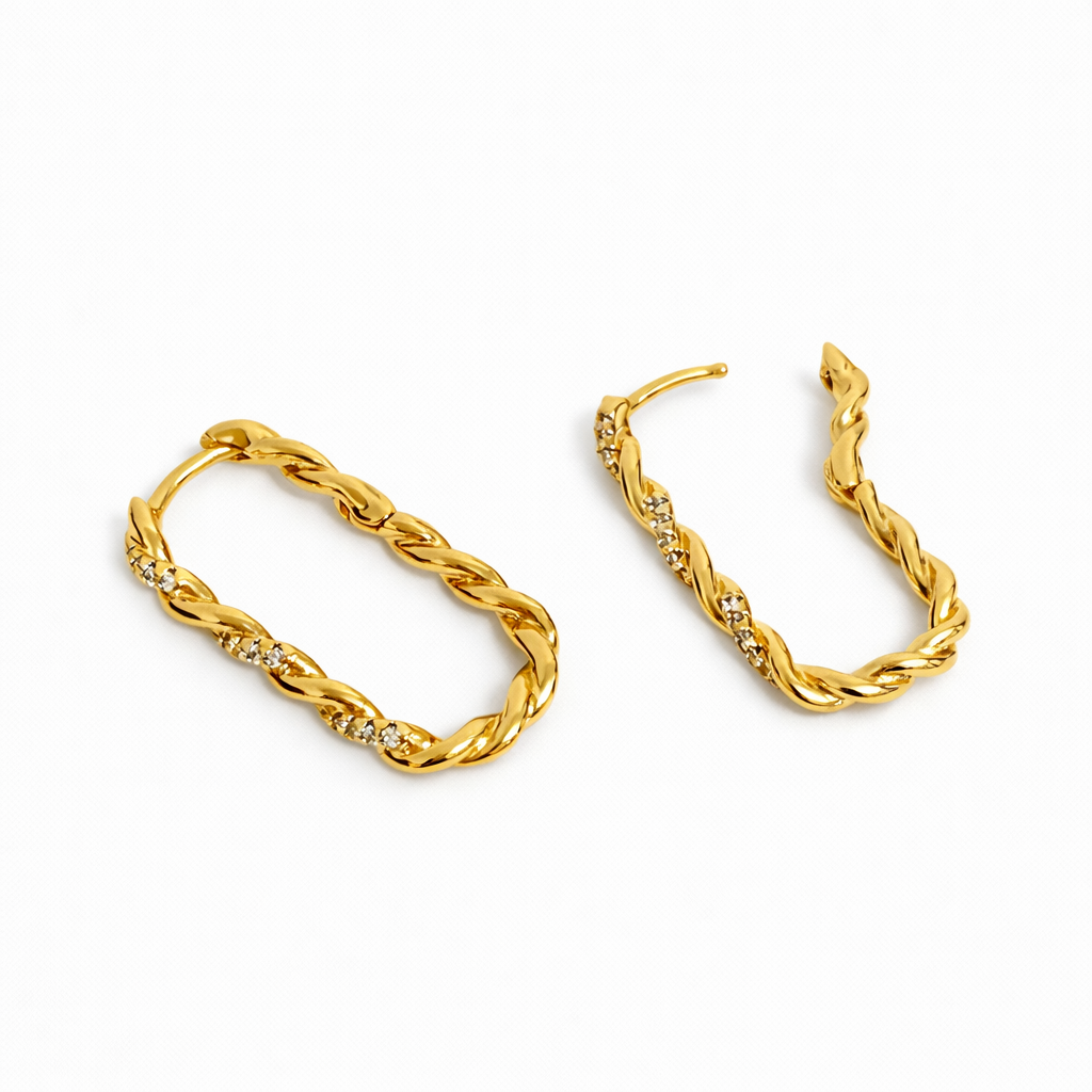 Rose Gold Plated Twisted Hoop Earrings with CZ, 3 cm