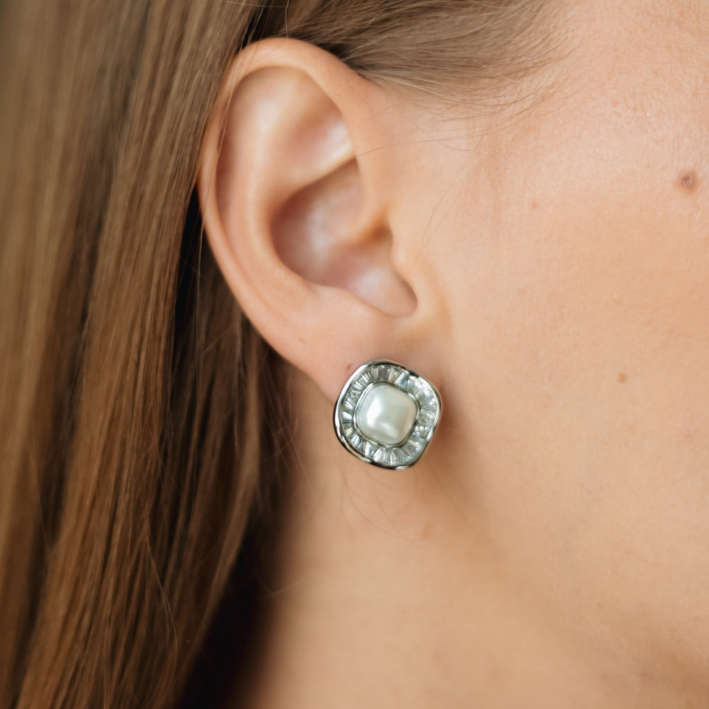 Rhodium Plated Pearl & CZ Stud Earrings – 1.5 cm Square Design by Sedy Jewelry