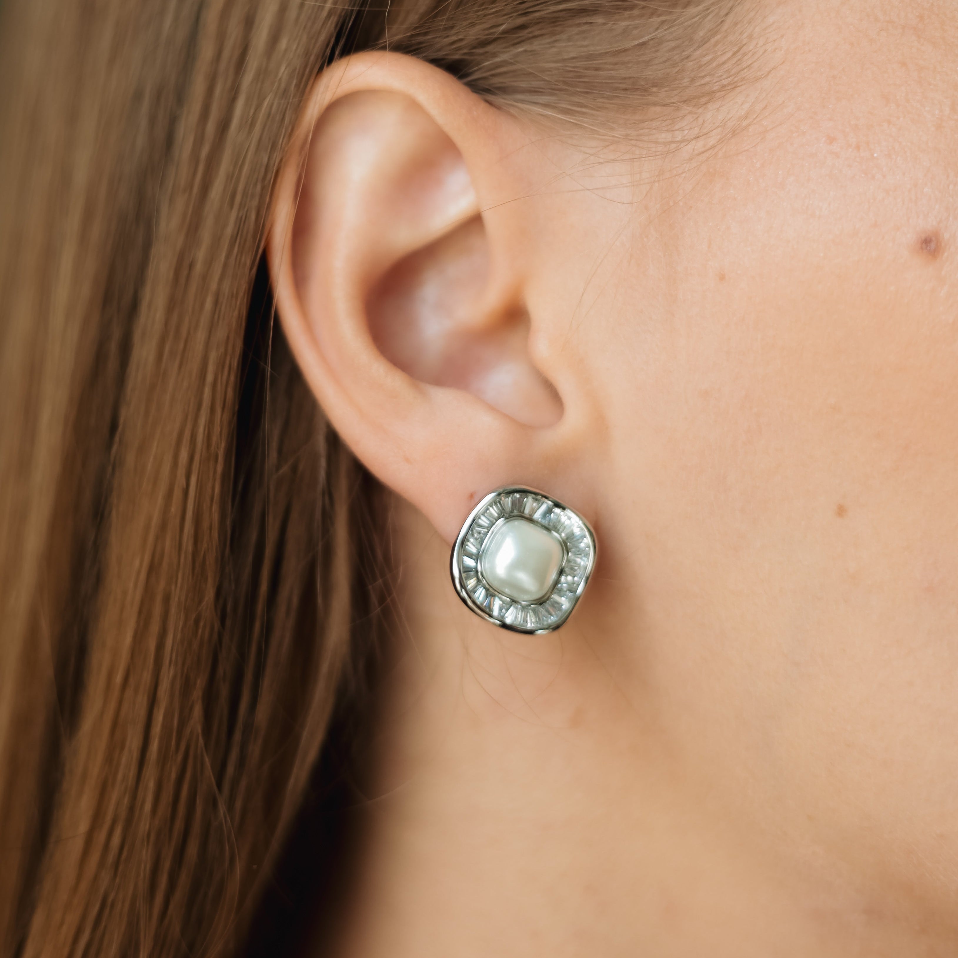 Rhodium Plated Pearl & CZ Stud Earrings – 1.5 cm Square Design by Sedy Jewelry