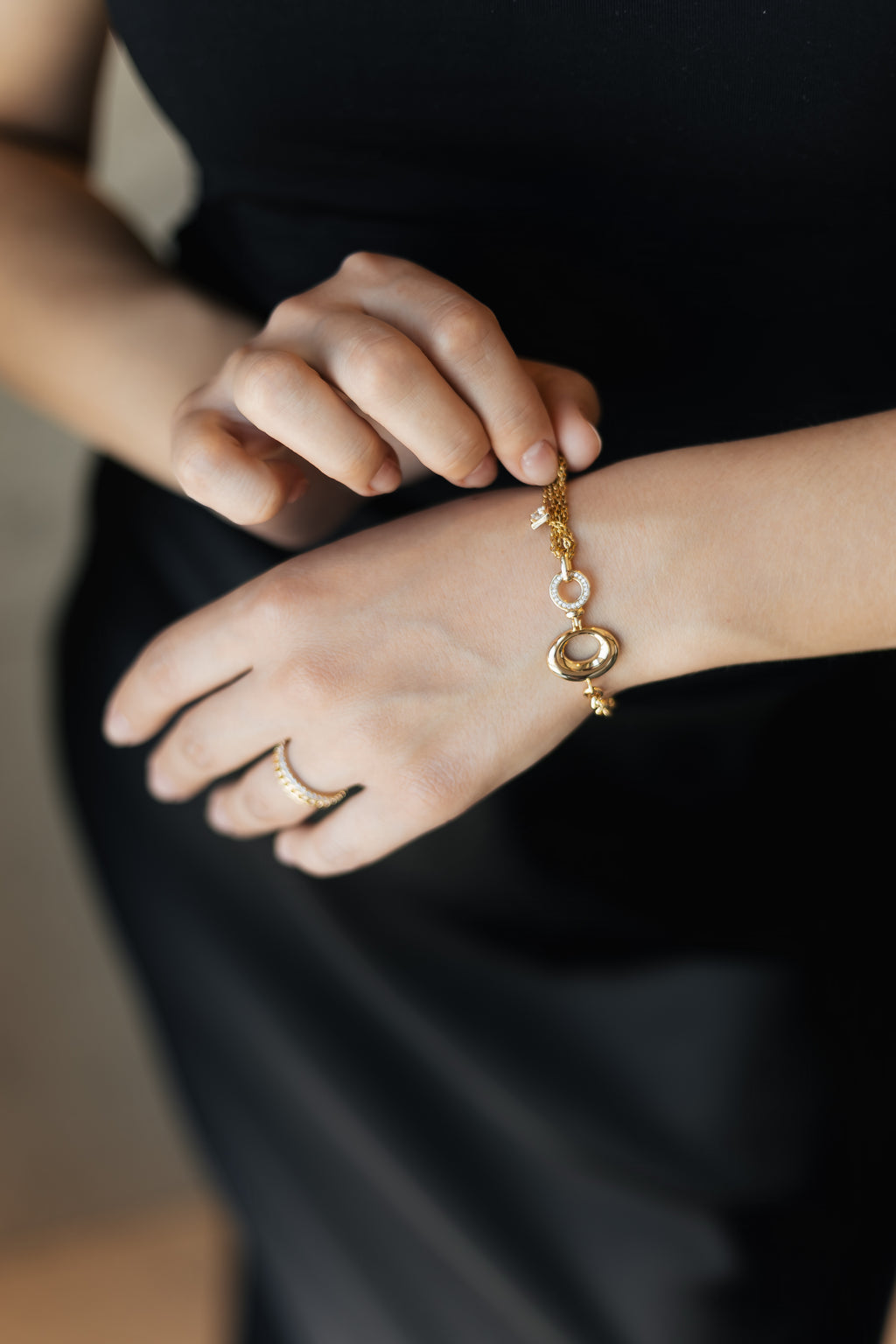 Gold Plated Chain Bracelet with Oval Charm, Adjustable 18+3 cm