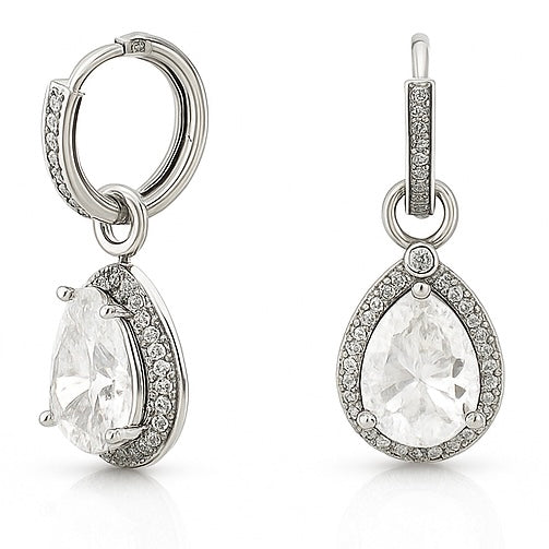 Convertible 2-in-1 Hoop Earrings with Pear Drop – White Gold Plated
