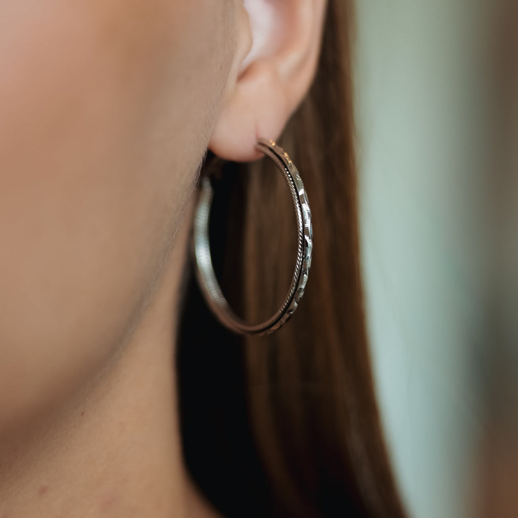 Silver Rhodium Plated Textured Hoop Earrings 4 cm / 1.57 in