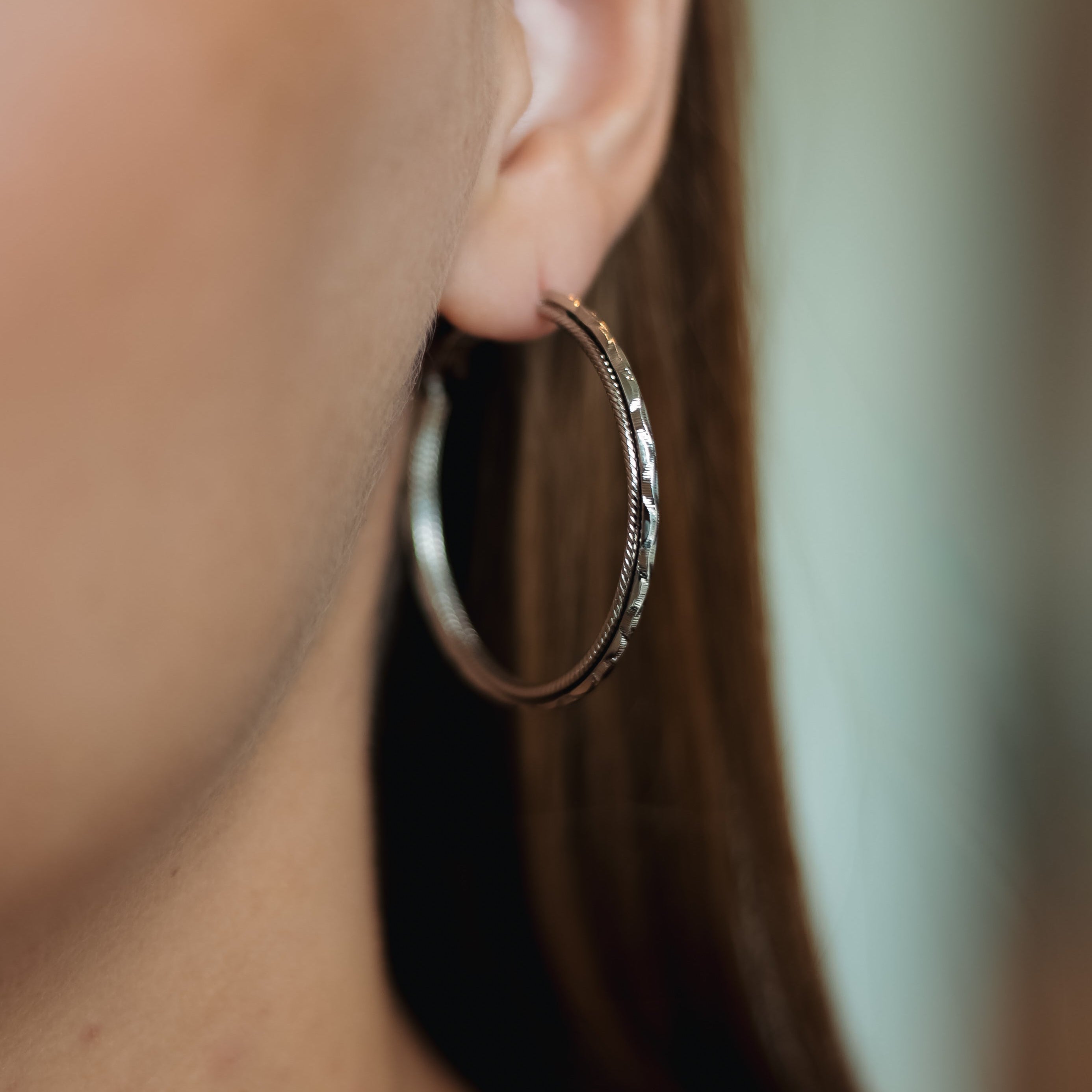 Silver Rhodium Plated Textured Hoop Earrings 4 cm / 1.57 in