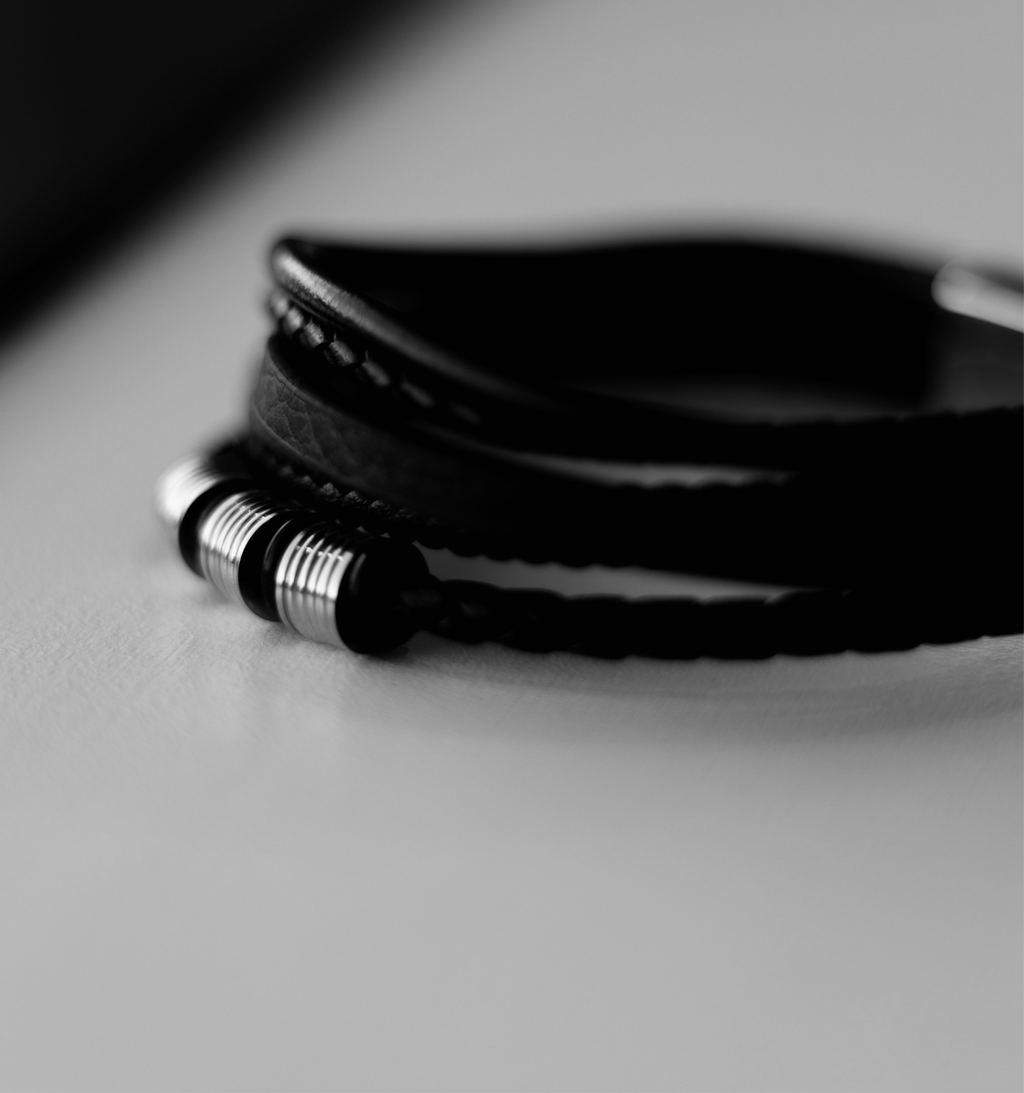 Men’s Leather Bracelet with Gold or Silver Stainless Steel Details