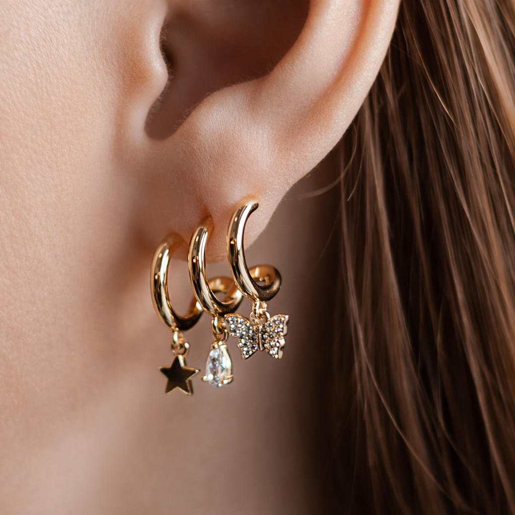 Gold Plated Multi Charm Hoop Earrings, 2 cm