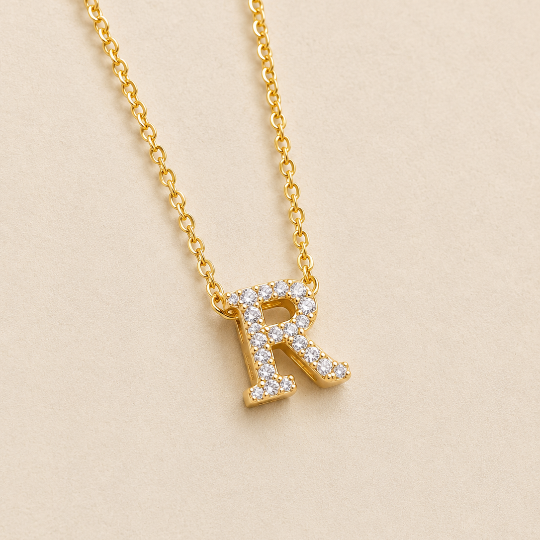 Personalized Initial Letter Necklace in 925 Sterling Silver | Gold Plated CZ Alphabet Pendant | 40+5 cm