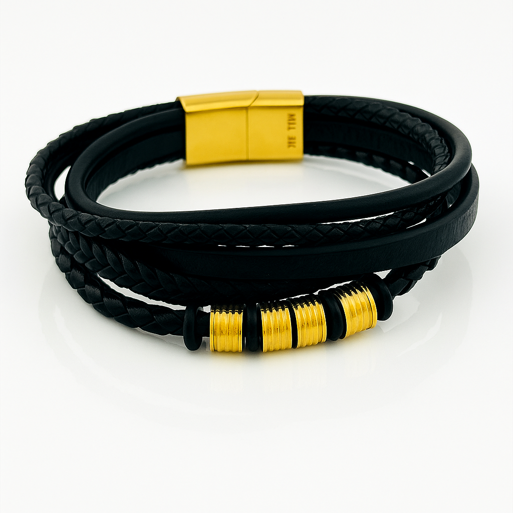 Men’s Leather Bracelet with Gold or Silver Stainless Steel Details