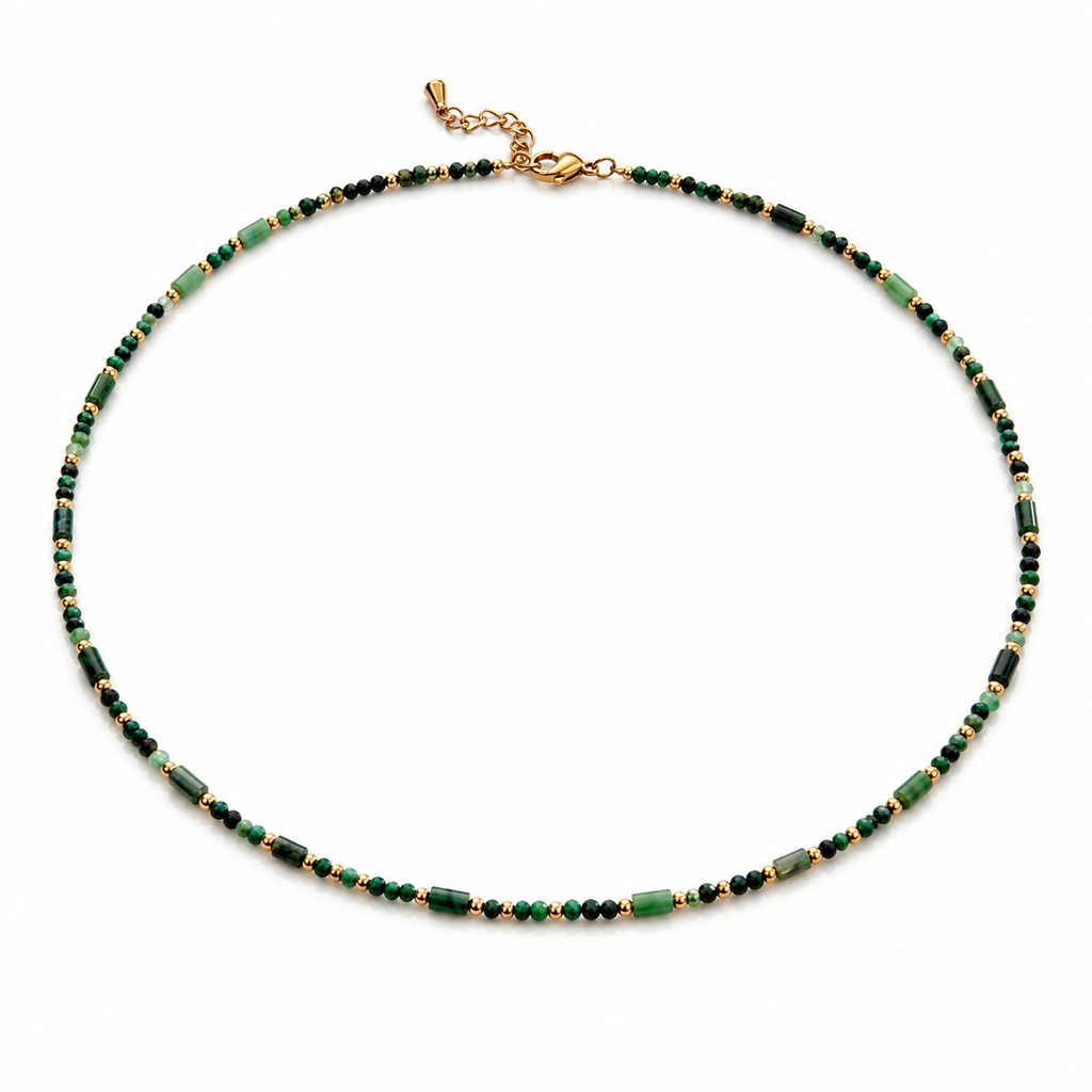 Natural Gemstone Beaded Necklace for Women – Spinel, Amazonite, Malachite, Apatite & Agate, Gold Plated Stainless Steel, 38+5 cm