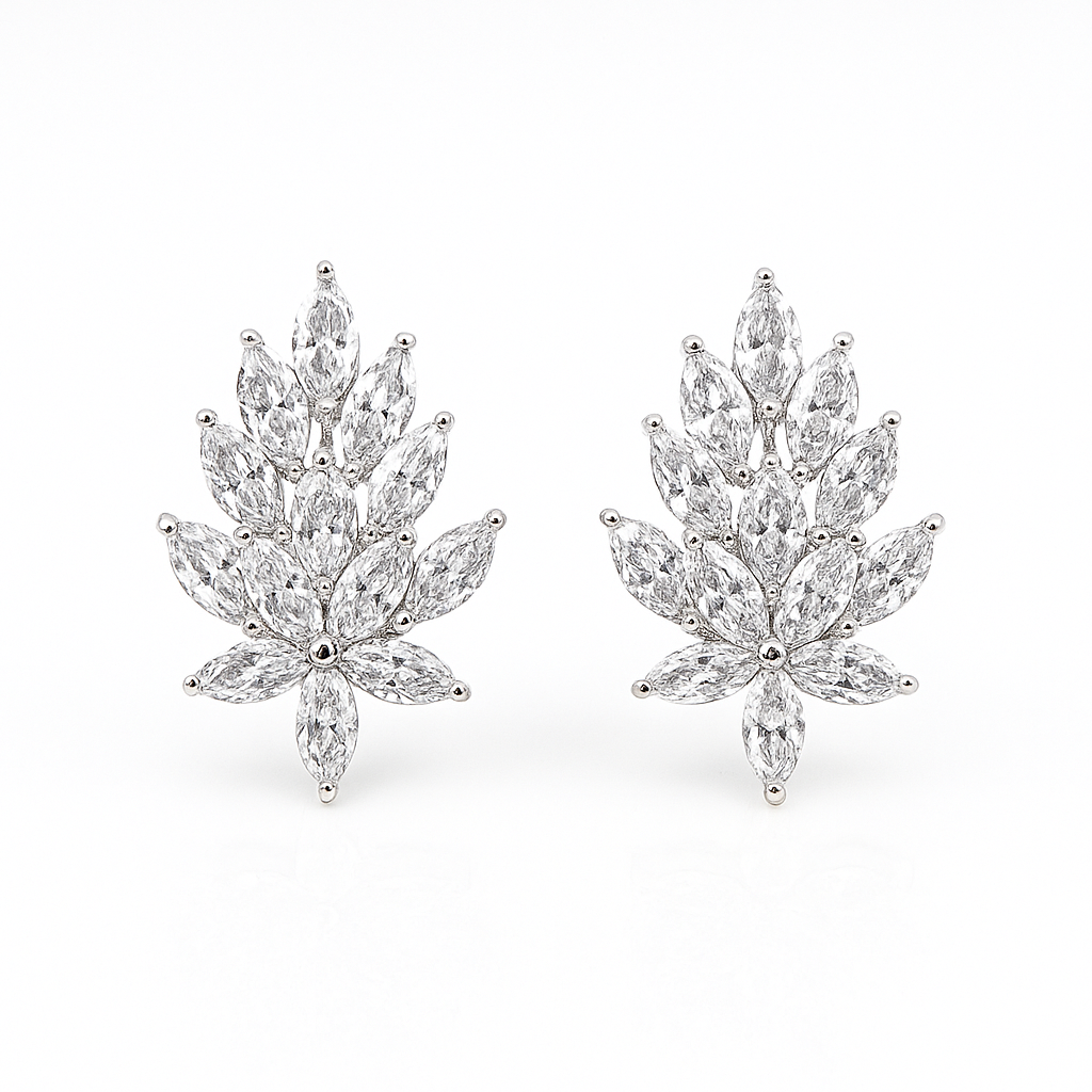 Elegant Leaf CZ Clip-On Earrings Rhodium Plated