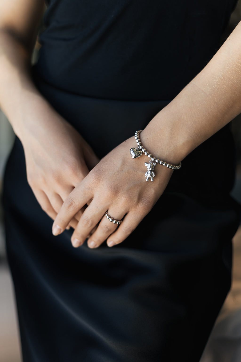 Stainless Steel Beaded Bracelet with Heart and Teddy Bear Charms