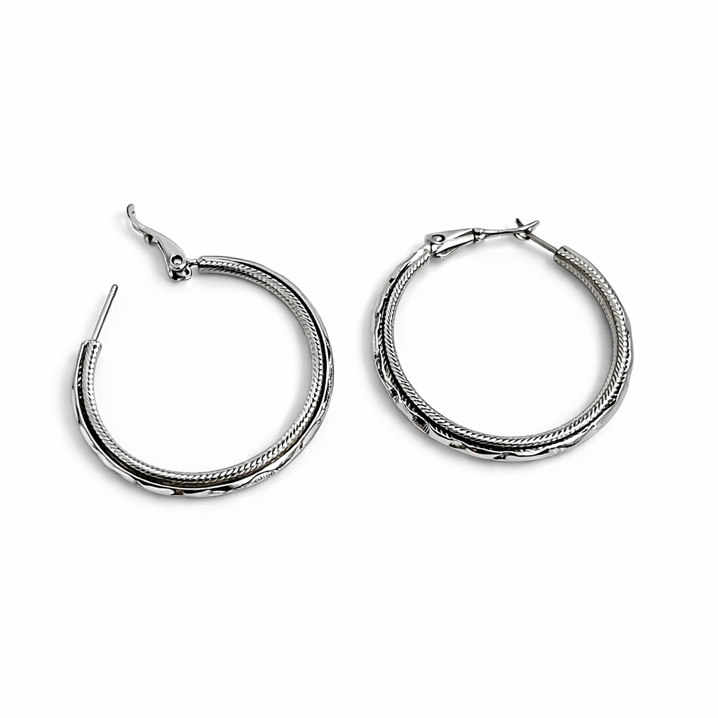 Silver Rhodium Plated Textured Hoop Earrings 4 cm / 1.57 in
