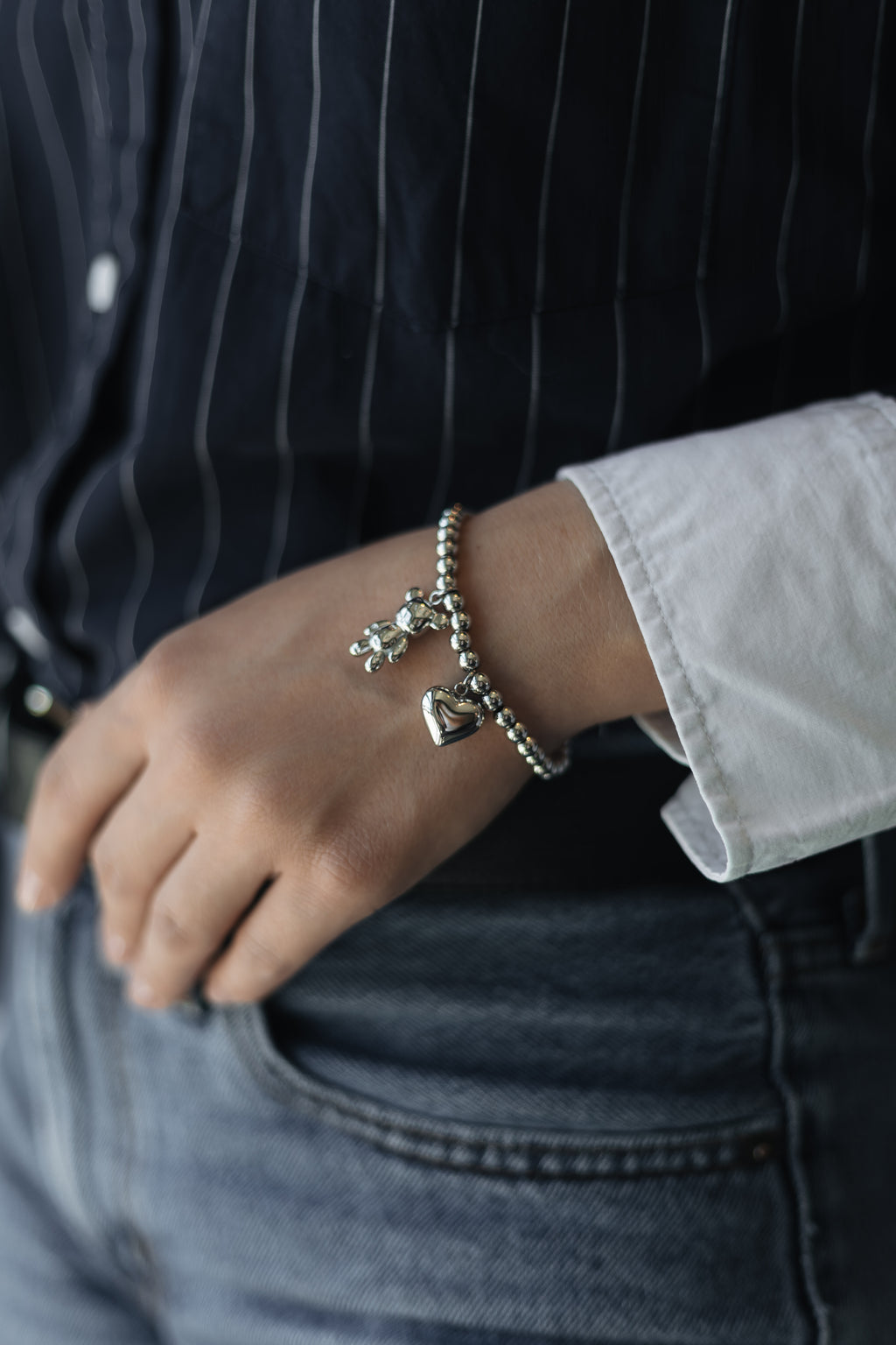 Stainless Steel Beaded Bracelet with Heart and Teddy Bear Charms